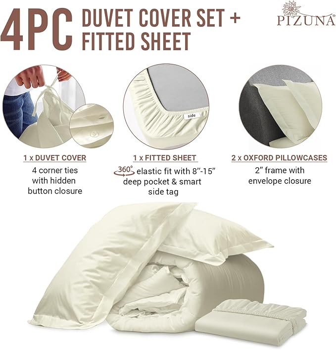 Pizuna 100% Cotton Queen 3 Pc Duvet Cover + 1 Pc Fitted Sheet Set 400 Thread Count Off White Sateen Weave Luxurious Long Staple Cotton 4 Piece Bedding Set -1 Duvet Cover,2 Pillow Shams,1 Fitted Sheet