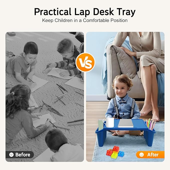 6 Pcs Kids Lap Desk Tray, Plastic Breakfast Lap Desk Trays with Side Pockets and Slot, Portable Lap Table Snack Tray for Eating, Writing, Drawing, Game, 19.69" L x 9.84" W x 7.1" H (6 Colors)