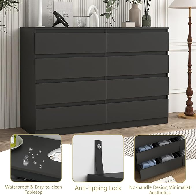 Black Dresser for Bedroom,Modern Large 8 Drawer Dresser with Deep Drawer,Wide Storage Chest of Drawer, Bedroom Storage Furniture,TV Stand for Living Room