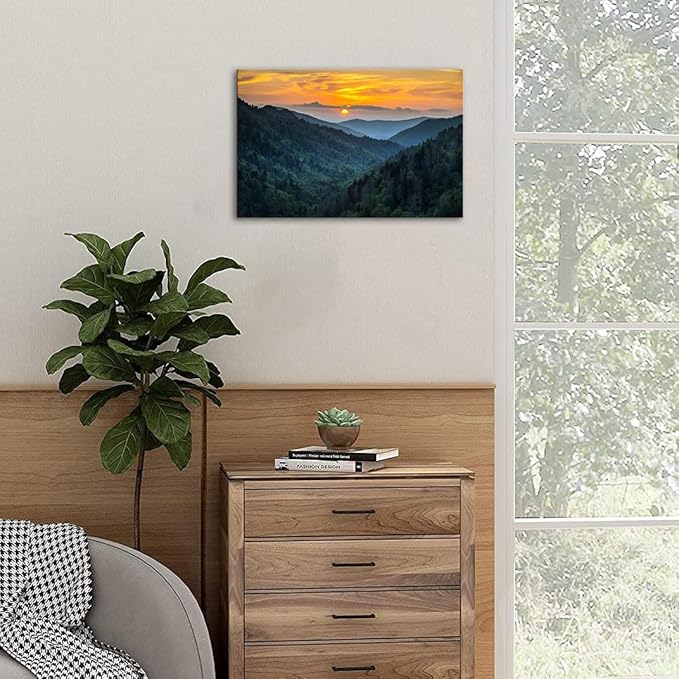Forest Sunrise Wall Art Decor Great Smoky Mountains Photo Prints National Park Landscape Canvas Painting Artwork Framed for Bedroom Living Room (24x36 inch)