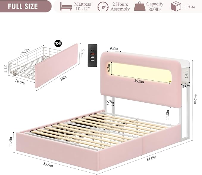 HOSTACK Full LED Bed Frame with Storage Headboard and Charging Station, Girls Bed Frame with 4 Drawers and USB Ports, Velvet Upholstered Platform Bed Frame with Bookcase, No Box Spring Needed, Pink
