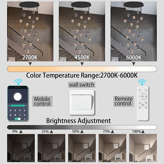 LED Staircase Chandelier Crystal Ceiling Lights Large Chandeliers for High Ceilings, Entryway Modern Lighting Fixture Villas and Stairs 24 Lights Black and Gold Dimmable 2700k-6000k