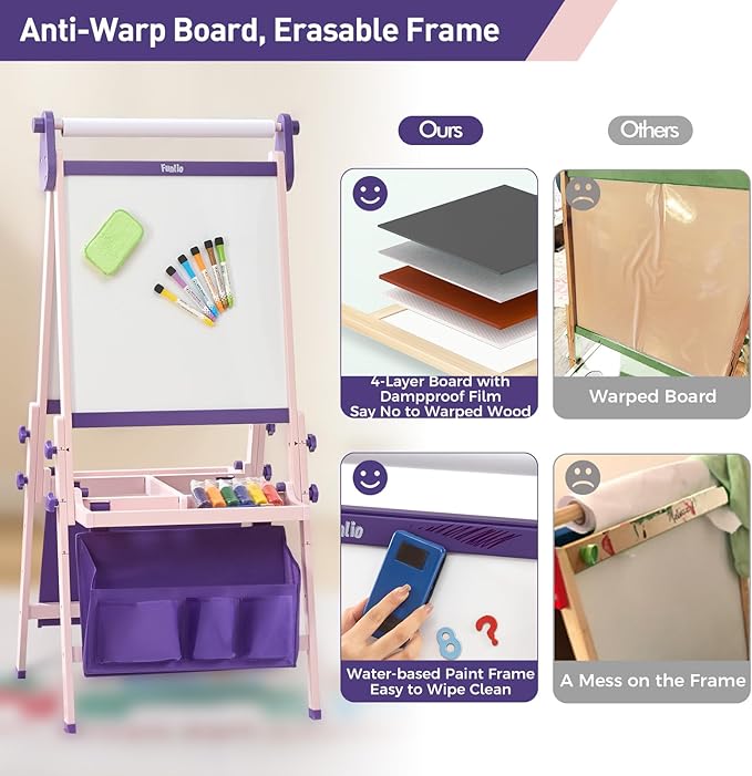 FUNLIO Foldable Anti-Warping Kids Art Easel, All-in-One for Kids Aged 3-8 with Paper Roll, 3 Height Adjustable Toddler Easel, Standing Easel with Magnetic Chalkboard/Whiteboard - Purple Foldable