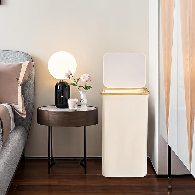 Laundry Hamper with Lid, Large Tall Clothes Basket Bin with Bamboo Handles, Collapsible Laundry Hamper for Bedroom, Bathroom, Dorm, Laundry Room, 100L Beige