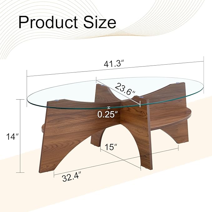 41" Oval Glass Coffee Table with Tempered Glass Top and MDF Base, Diagonal Fan-Shaped Tray Design Table Leg Simple & Modern Center Table for Living Room Office Apartment Walnut