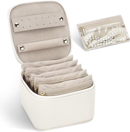 DesignSter Small Jewelry Box, Travel Small Jewelry Organizer with Earring Tray and Ring Holder, Square Travel Jewelry Storage Case with 6 Velvet Jewelry Pouches, Beige