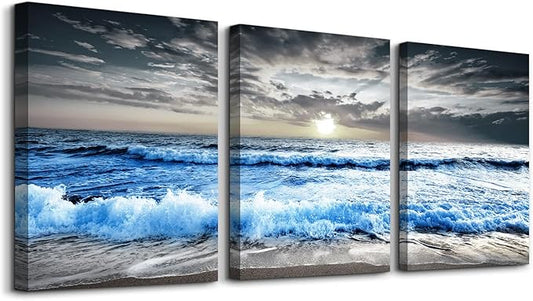 MHARTK66 Black and White Wall Art For Living Room Blue sea waves Canvas Wall Decor for Home Decor artwork painting 16" x 24" 3 Pieces Canvas Print For bedroom Decor Modern Salon kitchen Painting