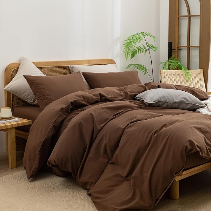 BESTOUCH Duvet Cover Set 100% Washed Cotton Linen Feel Super Soft Comfortable Chic Lightweight 3 PCs Home Bedding Set Solid Cocoa Brown Super King Plus