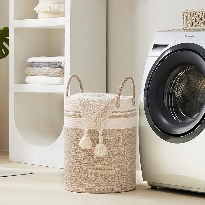 Woven Rope Laundry Hamper Basket, 72L Tall Luandry Basket, Baby Nursery Hamper for Blanket Storage, Clothes Hamper for Laundry in Bedroom-Large-Brown