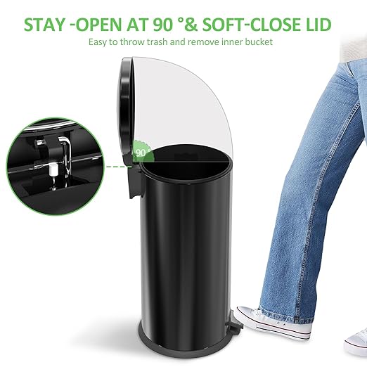 Kitchen Trash Can with Lid - 10.5Gallon/40L Oval Stainless Steel Trash Can with Removable Inner Liner and Lid Soft Close, Foot Pedal garbage can for Home Office,Fingerprint Proof Cleanly Black