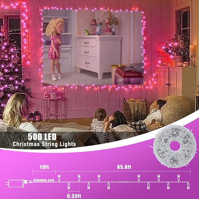 QITONG 165ft 500 LED Pink String Lights, 8 Modes Christmas Lights Plug-in, Clear Wire Pink Lights Indoor Outdoor