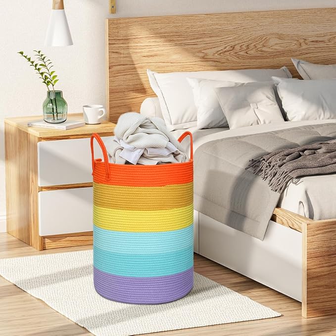 58L Large Dirty Clothes Hamper, Cotton Rope Laundry Hamper with Handles, Woven Foldable Laundry Hamper for Dirty Clothes, Blankets, Pillows in Bathroom, Living Room (Rainbow, 15 x 20in)