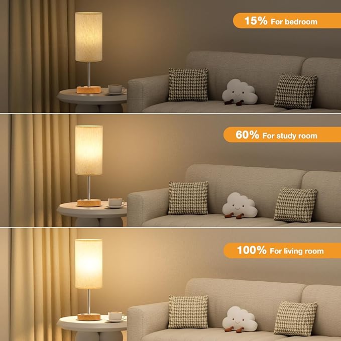Touch Table Lamp - Cream, 3-Way Dimmable, USB A + C Charging, AC Outlet, 17.4inch Medium, Wood Grain Base