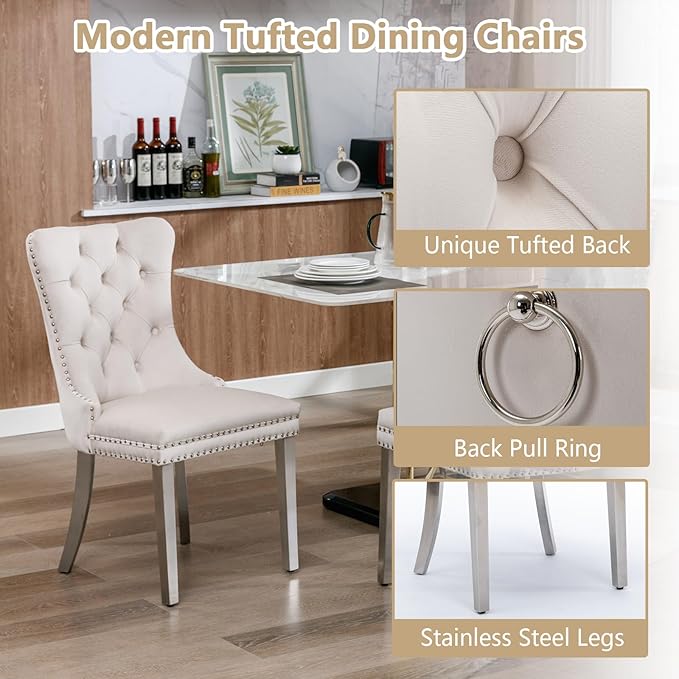Goujxcy 3 Piece Round Glass Dining Table Set for 2, 36" Round Dining Table & Chair Set Modern Circle Glass Kitchen Table and 2 Velvet Upholstered Chairs for Kitchen Dining (Silver Table & Beige Chair)