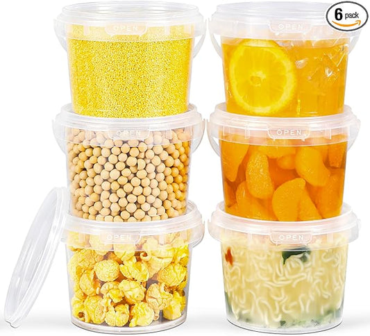 ASEVAT 16 oz High Transparency Airtight Plastic Bucket with Lid, Reusable Ice Cream Tub with Handle, Food Grade Freezer and Microwave Safe Food Storage Containers for Sauce, Soup (6Pack)