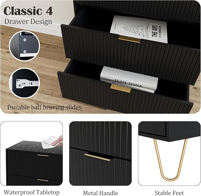 Masupu 4 Drawer Dresser, Drawer Chest, Tall Storage Chest Cabinet Organizer Unit with Metal Legs, Small Dresser for Bedroom, Living Room, Closet, Hallway Black Stripe
