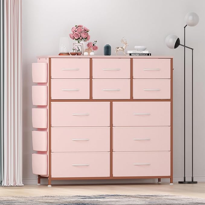 Dresser for Bedroom with 12 Drawers, Tall Dresser Chest of Drawers with 5 Side Pockets and Hooks, Wooden Top Fabric Dresser Storage Tower for Closet, Hallway, Living Room, Pink