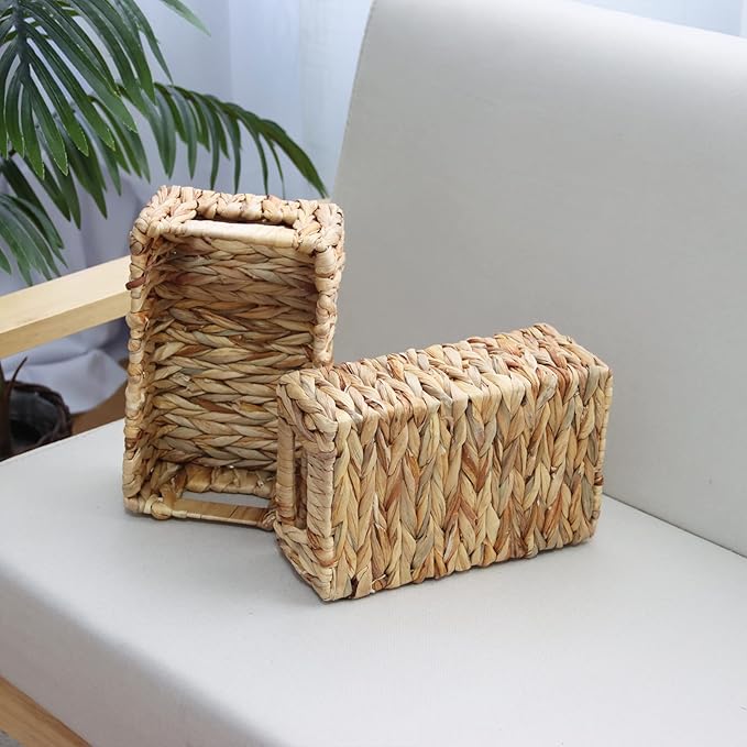 YAHUAN Woven Water Hyacinth Baskets for Organizing, Rectangular Wicker Baskets with Built-in Handles, Small Storage Baskets for Shelves, Kitchen, Make-Up,Toilet Tank Paper(Water Hyacinth 2-Pack)