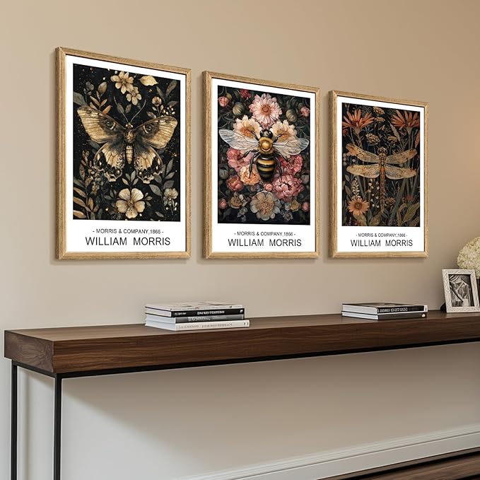 Cyebmo William Morris Wall Art, Vintage Floral Wall Decor, Dark Botanical Art Prints, Butterfly Bee Dragonfly Nature Artwork for Living Room Bedroom Bathroom Wood Framed Ready to Hang 12"x16"x3