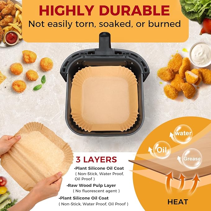 Air Fryer Liners Disposable - 300Pcs 8In Square Parchment Paper for Air Fryer Non-Stick Airfryer Basket Liners for Steamer Microwave Oven