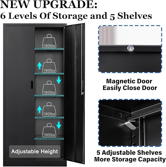 Metal Garage Storage Cabinets，71” Tall Metal File Cabinet with 5 Adjustable Shelves, Lockable Storage Cabinets for Office, Home, Garage, Warehouse 71" H x 31.5" W x 15.8" D (Black)