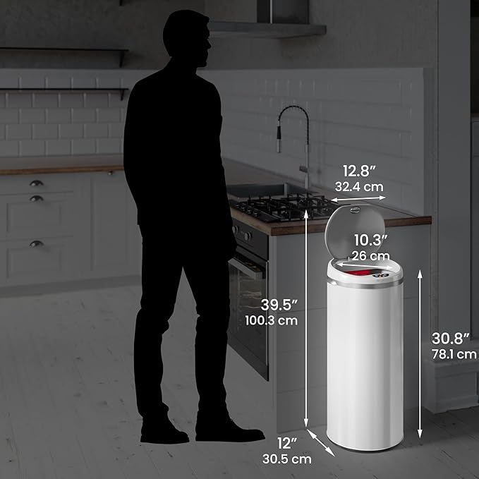 iTouchless 13 Gallon Trash Can with Odor Filter, Round White Stainless Steel Trashcan Garbage Bin for Home Office Work Bedroom Living Room Garage Large Capacity Slim Wastebasket