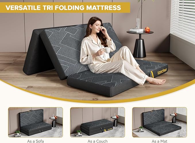 Vamcheer Tri Folding Mattress Twin Size - 6 Inch Foldable Mattress Portable Memory Foam Mat with Handle & Non-Slip Bottom, Washable Cover for Travel RV Camping Guest, 75"x38"x6", Grey