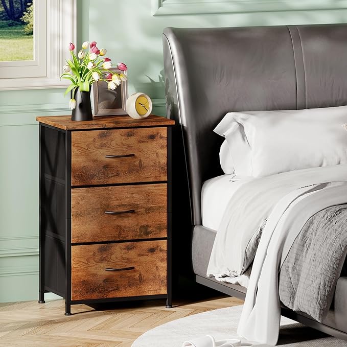Somdot Small Dresser for Bedroom with 3 Drawers, Nightstand Storage Chest of Drawers with Removable Fabric Bins for Closet Bedside Living Room Laundry Entryway Hallway, Wood Grain Print