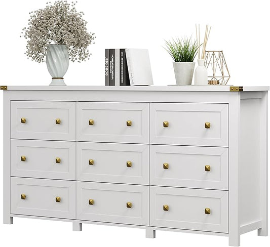 Dresser for Bedroom with 9 Drawers, Farmhouse Wood Chest of Drawers, Wide TV Stand Closet Storage Furniture with Metal Handle, Modern Clothes Organizer for Hallway, Living Room, Entryway, White