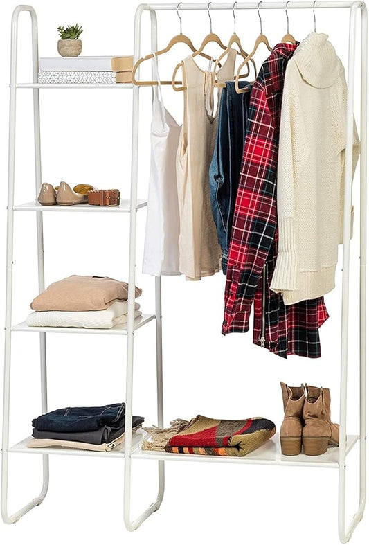 IRIS USA Clothes Rack, 4 Metal Shelves, Freestanding Clothing Stand For Hanging Clothes, Coat, Deco Plants, Easy Assemble, Metal Sturdy Garment Bar, Closet Wardrobe Small Space Storage, White