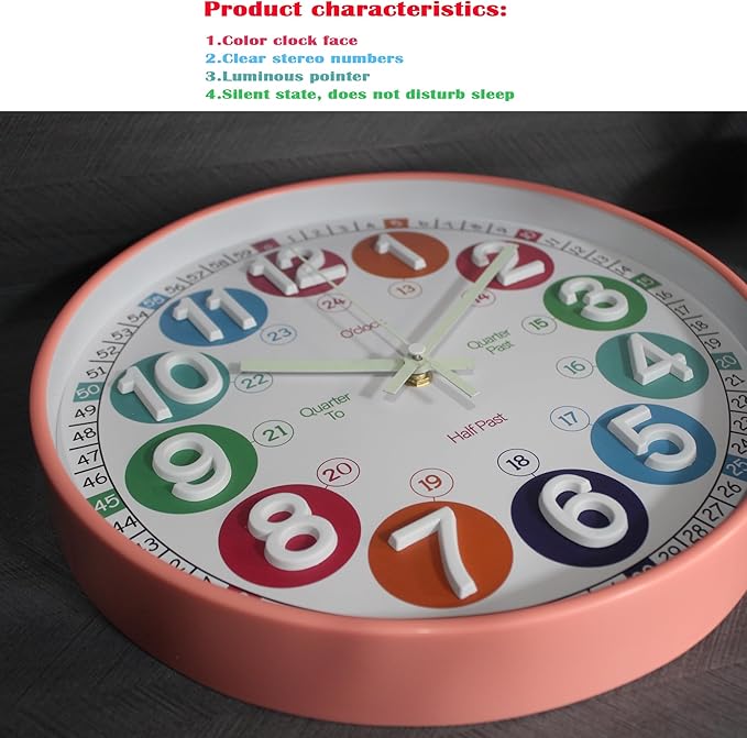 Learning Time Clock for Kids,12 Inch 3D Numbers Colorful Clock Face Silent Clocks，Bedroom,Kitchen,Classroom,Décor at School, Clear Digital Wall Clock for Kids Room(3D Peach Pink Luminous)