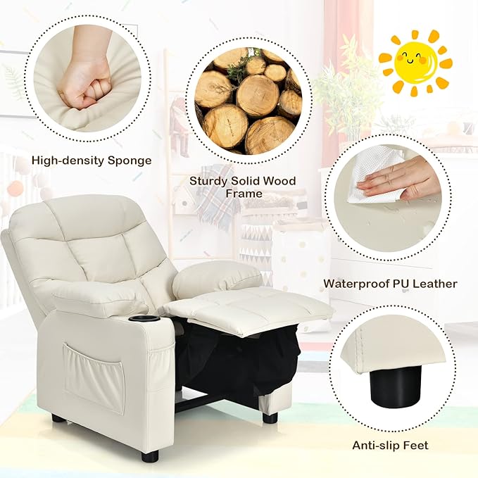 Kids Recliner, Kids Recliner Chair w/ 2 Cup Holders, PU Leather Kids Chairs Compy w/Adjustable Backrest & 3 Pockets, Toddler Furniture Sofa for Boys Girls Aged 3+ (Beige)