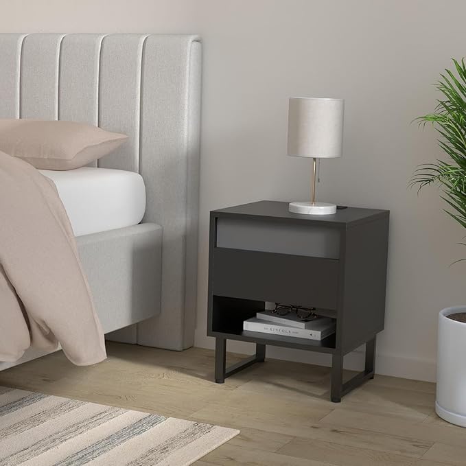 Black Nightstand with LED Lighting & Outlet & Drawer Light Modern Bedside Table with Charging Station, Drawer and Shelf for Bedroom Dorm Room Decor 18.89x15.74x21.25