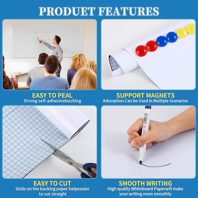 Magnetic Dry Erase Whiteboard 50"x35.5"- Self-Adhesive Flexible Wall Board Kit with 11 Markers, 6 Magnets, Magnetic Eraser & Holder - Ultra Smooth Writing,Effortless Clean for Office, Home, School