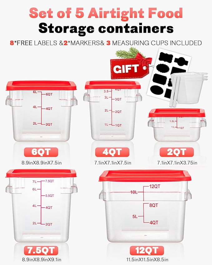 2QT NSF Food Storage Containers: 6 PCS [Food Grade][Hot&Cold Resistant] Commercial Clear Square Food Storage Containers with Scales Handles for Home Restaurant Kitchen Proof Dough(BPA FREE)