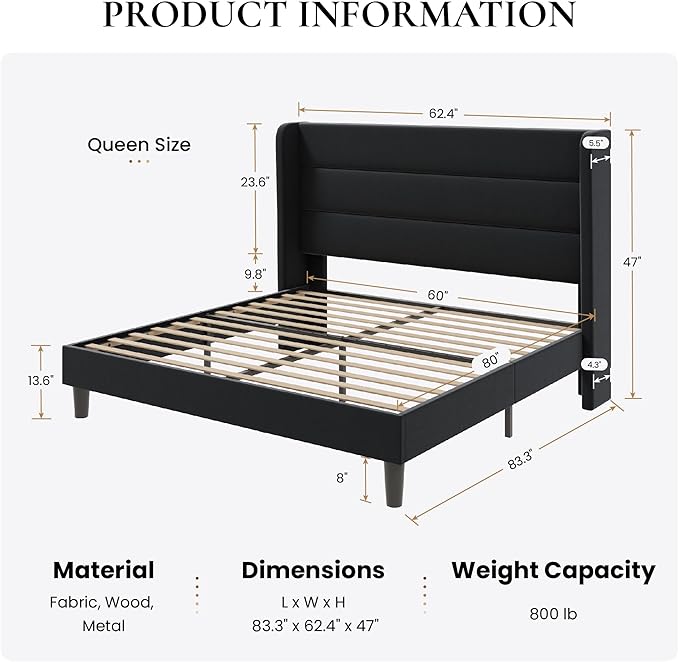 SHA CERLIN Queen Size Velvet Bed Frame/Vertical Channel Tufted Wingback Headboard/Upholstered Platform Bed with Wooden Slats/Mattress Foundation/No Box Spring Needed/Easy Assembly/Black