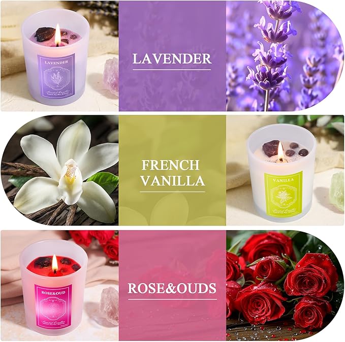 3 Soy Scented Candles for Women- 15OZ Candles for Home Scented with Crystals, Lavender/Vanilla/Rose Aromatherapy Candle Set for Bithday Gifts, Mother's Day, Anniversary, Christmas