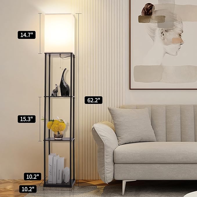Floor Lamp with Shelves, Modern Square Standing Lamp with 3-Color Remote Control Dimming Bulb, Corner Display Bookshelf Lamp for Living Room, Bedroom and Office (black-9YK)