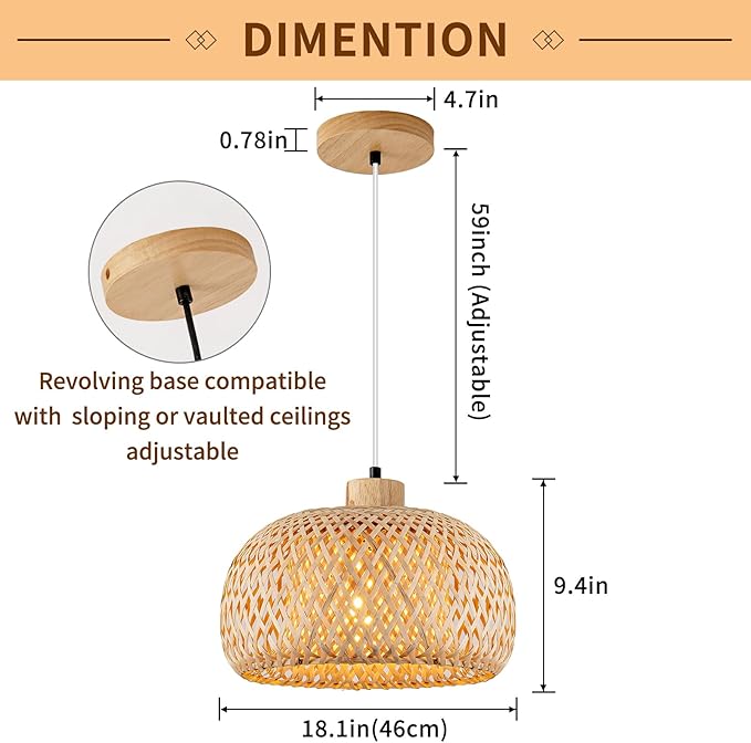 18inch Bamboo Rattan Pendant Light, Hand-Woven Wicker Boho Hanging Ceiling Light Fixture, Beige Pendant Lamp Rustic Farmhouse Chandelier for Kitchen Island, Dining Room, Bedroom, Living Room