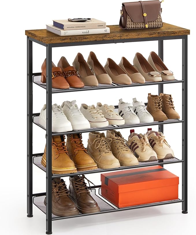 Pipishell 5-Tier Shoe Rack for Entryway and Small Spaces with Wooden Top & Metal Frames, Shoe Storage Organizer with Adjustable Storage Shelves, PISRB4V