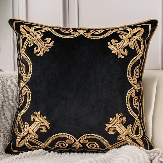 Aeckself European Floral Pillow Cover 20x20 Inch, Luxury Velvet Embroidered Decorative Throw Pillow Cover for Couch Bedroom Living Room, Black and Gold