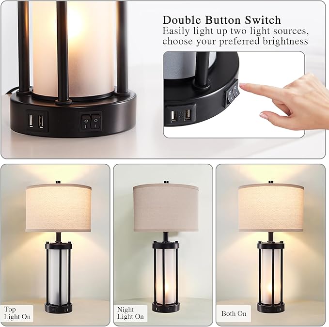 Modern Table Lamps for Living Room, Industrial Beside Lamps with 2 USB Ports, Rustic Nightstand Lamp with White Frosted Glass Night Light for Bedroom End Table Entryway, 2 Bulb Included