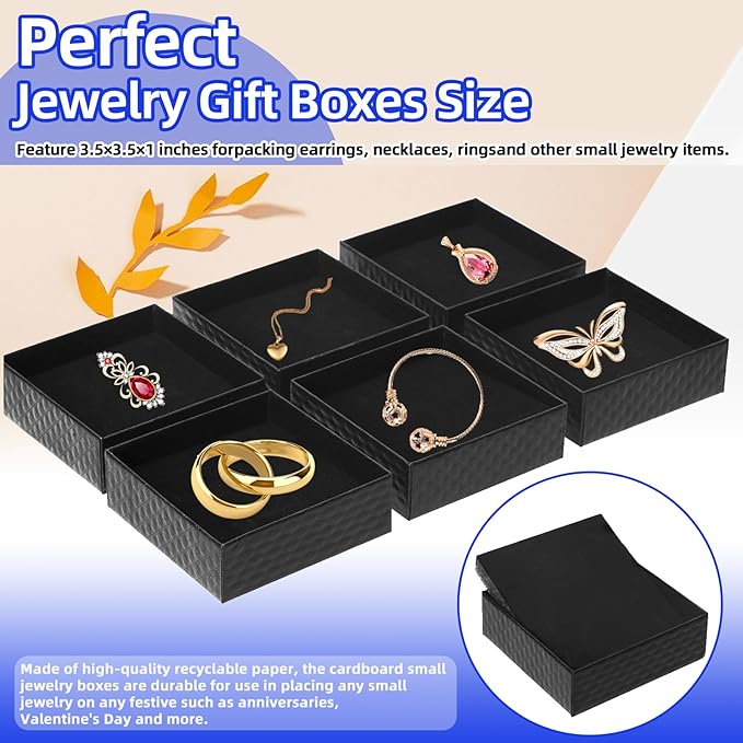 Glarks 12Pcs Black 9 x 9 x 3CM Cardboard Jewelry Gift Boxes with Pink Scissors and 1.5 x 225CM Red Polyester Ribbon Set, Diamond Pattern Necklace Earring Bracelet Boxes Gift Case Ideal