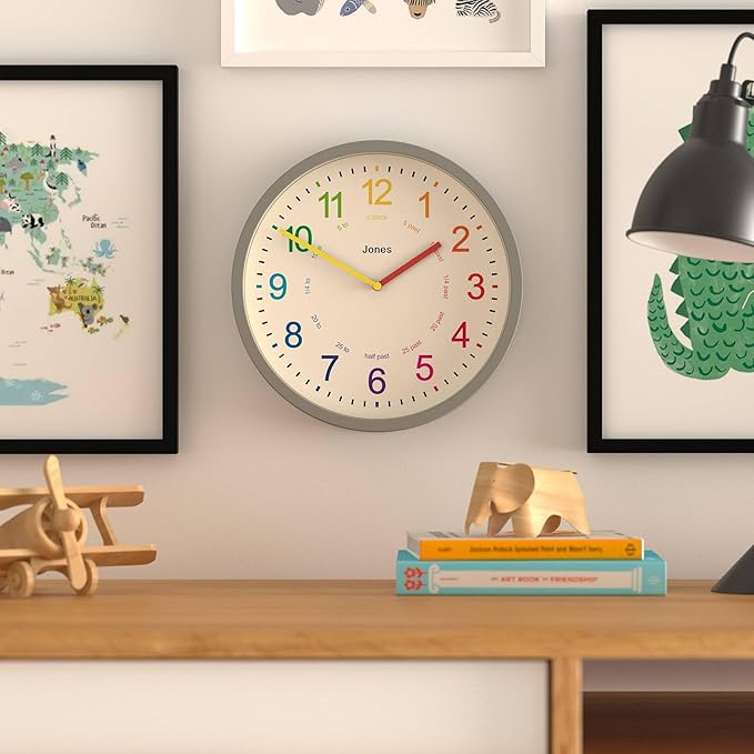 JONES CLOCKS® Kids Wall Clock | Small Modern Children’s Nursery Clock | 25cm | Gray | Colourful dial for Learning to Tell The time