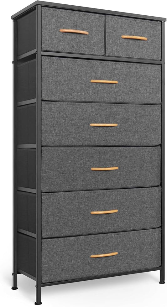 Tall Dresser for Bedroom, Vertical Storage Organizer Tower with 7 Drawers, Chest of Drawers with Fabric Bins, Steel Frame, Wood Top for Bedroom, Closet, Entryway- Grey