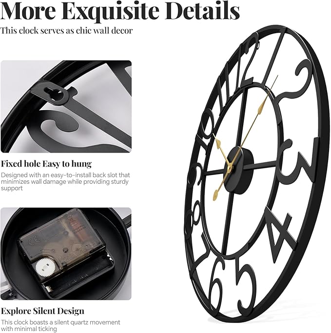 Large Wall Clock, 24 Inch Black Decorative Wall Clock for Living Room, Modern Metal Battery-Operated Arabic Numerals Round Clocks Silent Non Ticking for Kitchen Mantel Bedroom Office