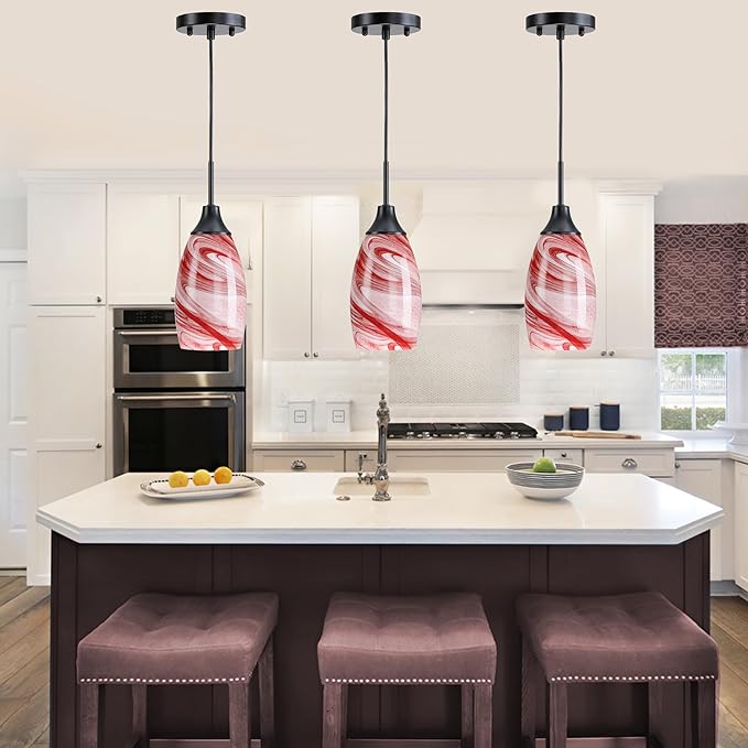 Mini Glass Pendant Light 4.72" with Handblown Burgundy Marble Art Glass Hanging Light 3-Pack Oval Ceiling Hanging Light Fixture for Dining Room Kitchen Island Cafe Foyer Hallway