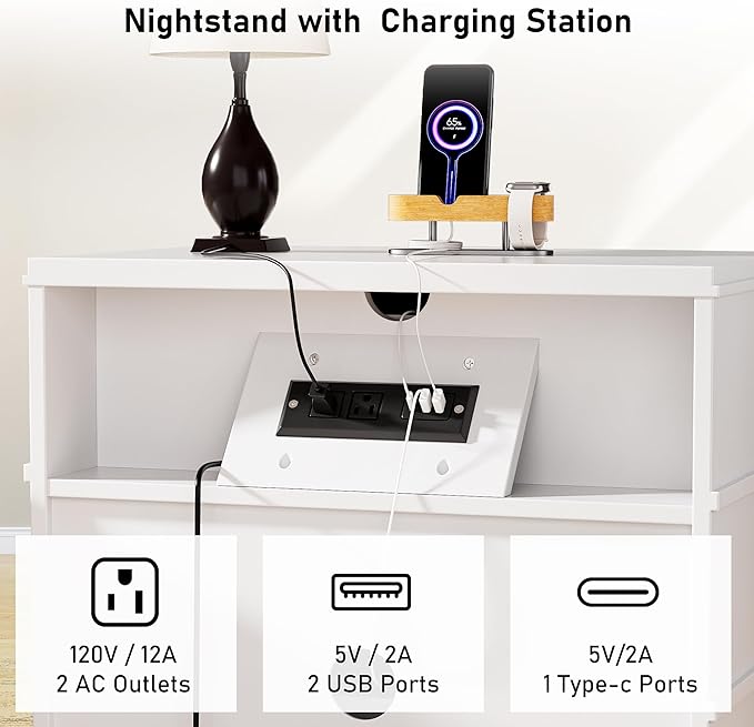 LegacyAmerhomeFarmhouse Nightstand with 3 Drawers, 24" Wide End Table & Modern Bedside Table with Charging Station, Solid Wood Nightstands Storage Cabinet for Bedroom Hallway, Entryway, White