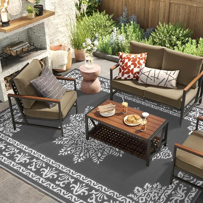 Yamaziot Outdoor Rug 6x9 Ft, Waterproof Plastic Straw Patio Rug, Reversible Backyard Carpet UV Resistant Portable RV Mat Clearance, Large Indoor Outdoor Rug for Patio, Porch, Deck, Balcony, Dark Gray
