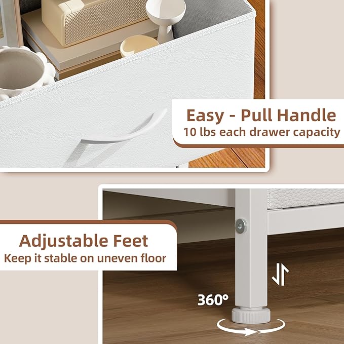 Somdot White Nightstand, Small Dresser for Bedroom with 2 Drawers, Bedside Table Night Stand End Table with Fabric Bins for Bedroom Kids Closet Dorm Guest Room, White Leather
